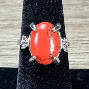 925 Sterling Silver Red Veined Oval Gemstone Ring Artisan Witch Style Size 7